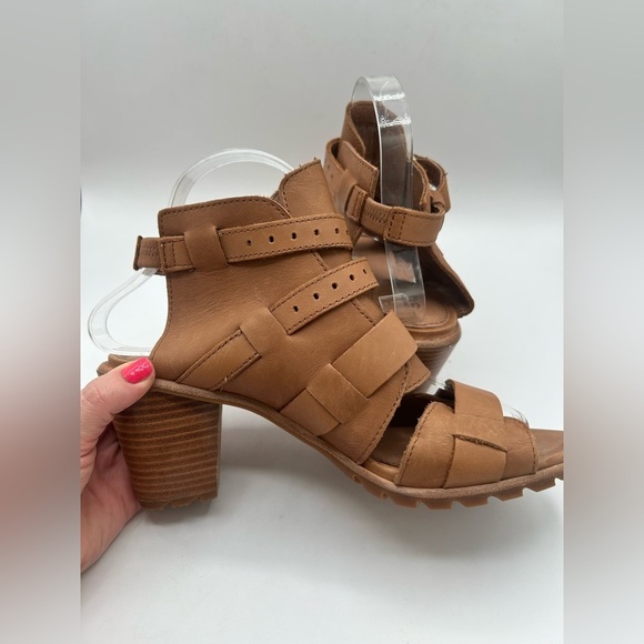 NEW Sorel Nadia Buckle Heel Sandal Camel Brown Leather Boho Chunky Size 8.5 - Picture 8 of 13